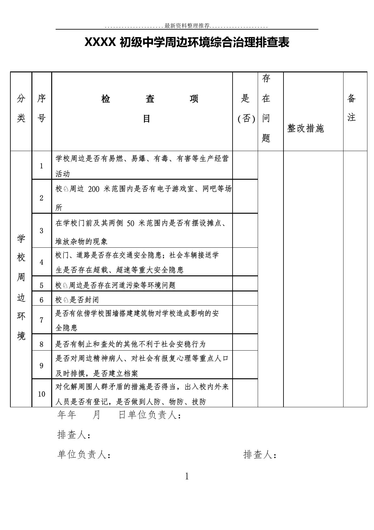 校园及周边环境排查表