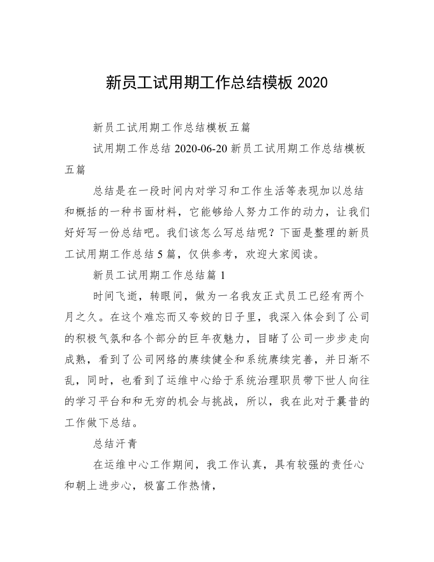 新员工试用期工作总结模板2020