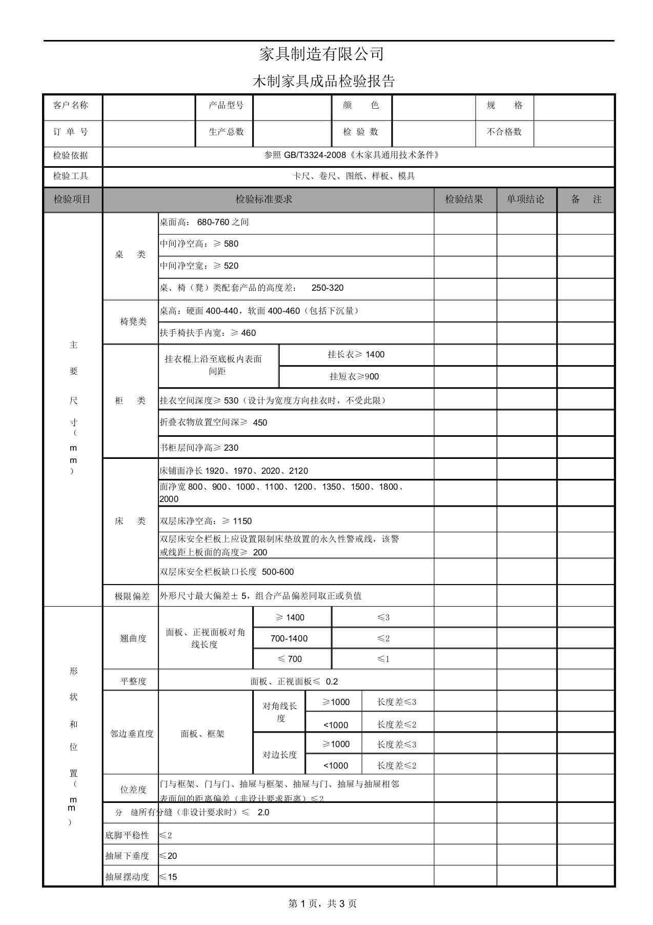 木制家具成品检验报告