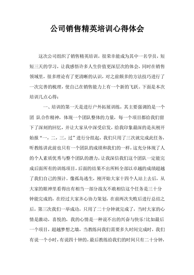 公司销售精英培训心得体会