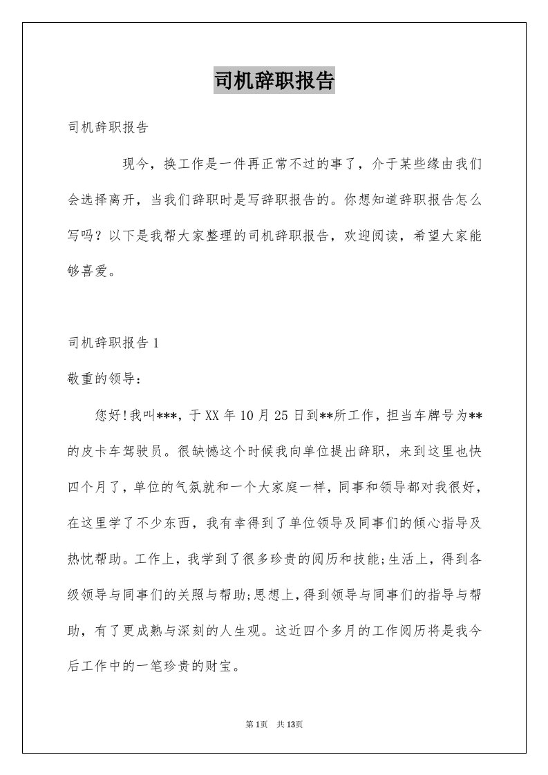 司机辞职报告例文6