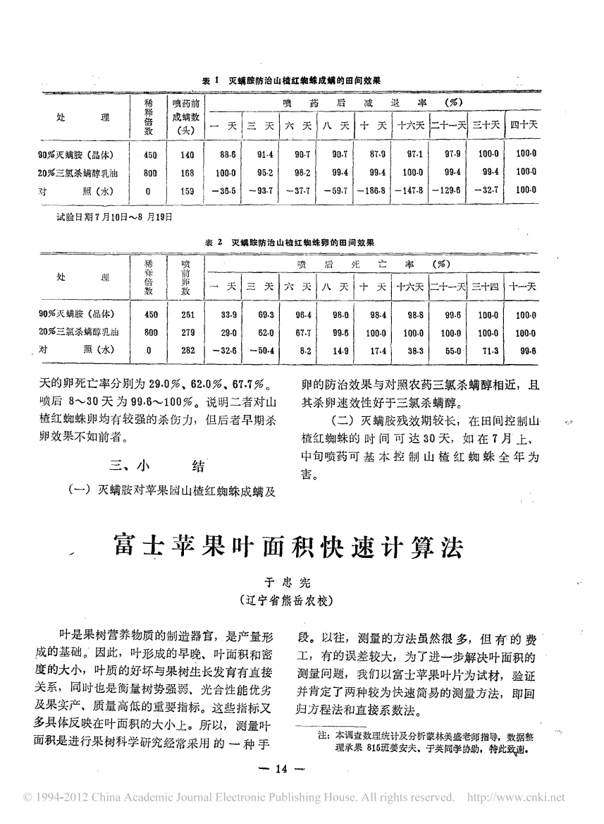 富士苹果叶面积快速计算法