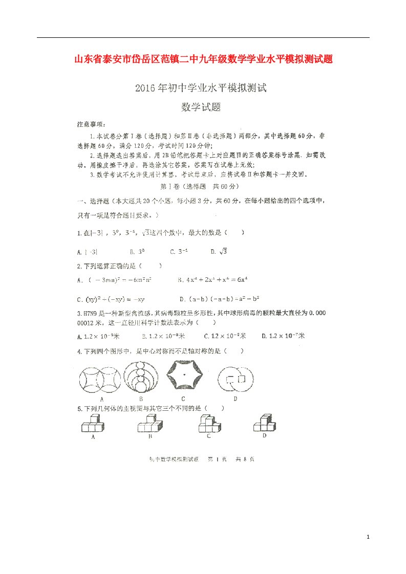 山东省泰安市岱岳区范镇二中九级数学学业水平模拟测试题（扫描版，无答案）