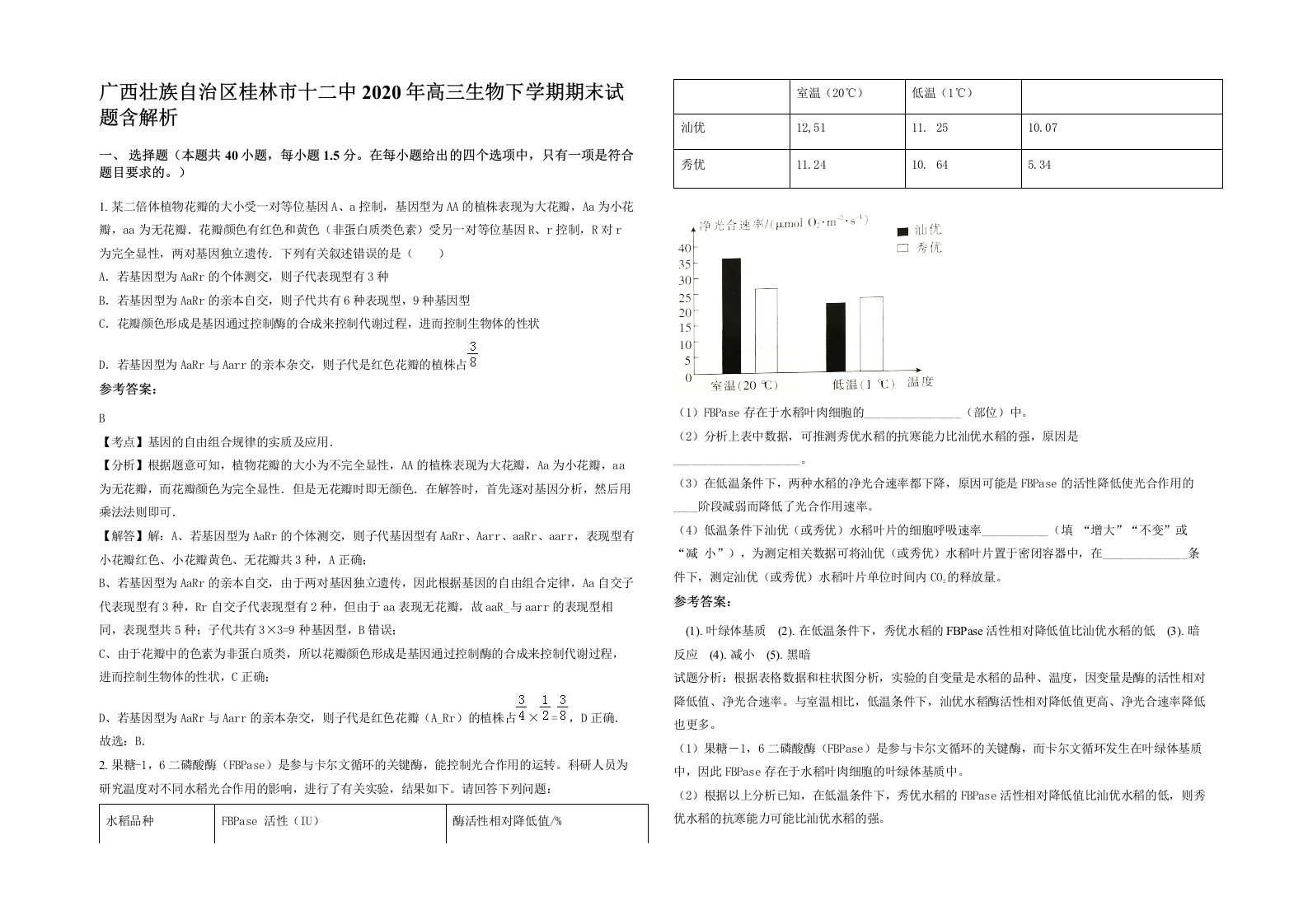 广西壮族自治区桂林市十二中2020年高三生物下学期期末试题含解析