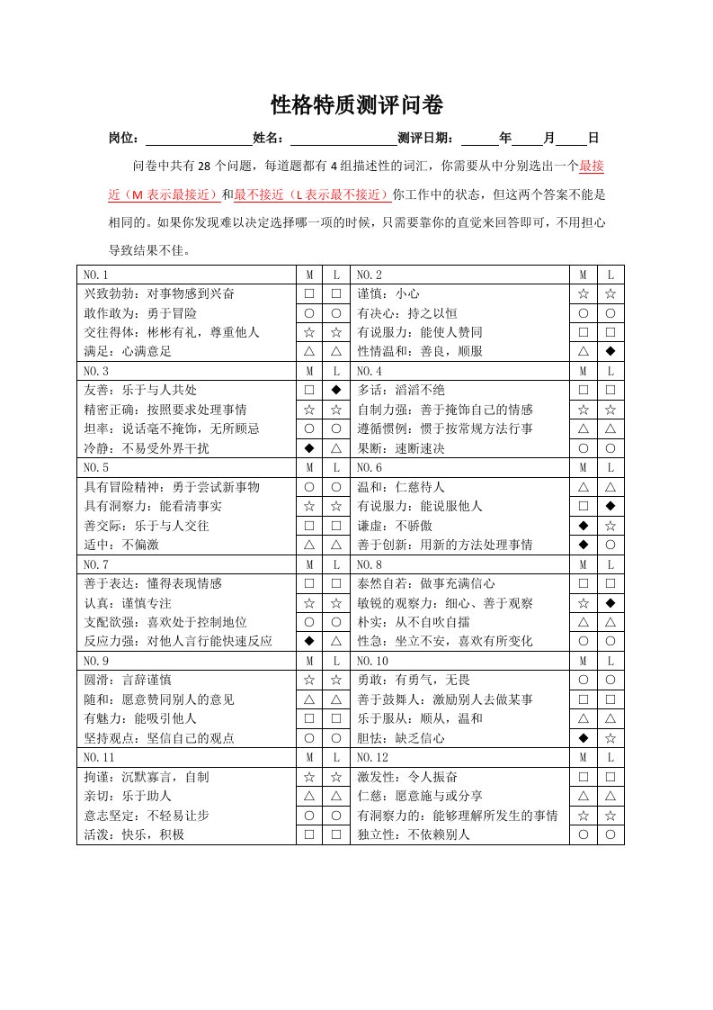 DISC性格特质测评问卷