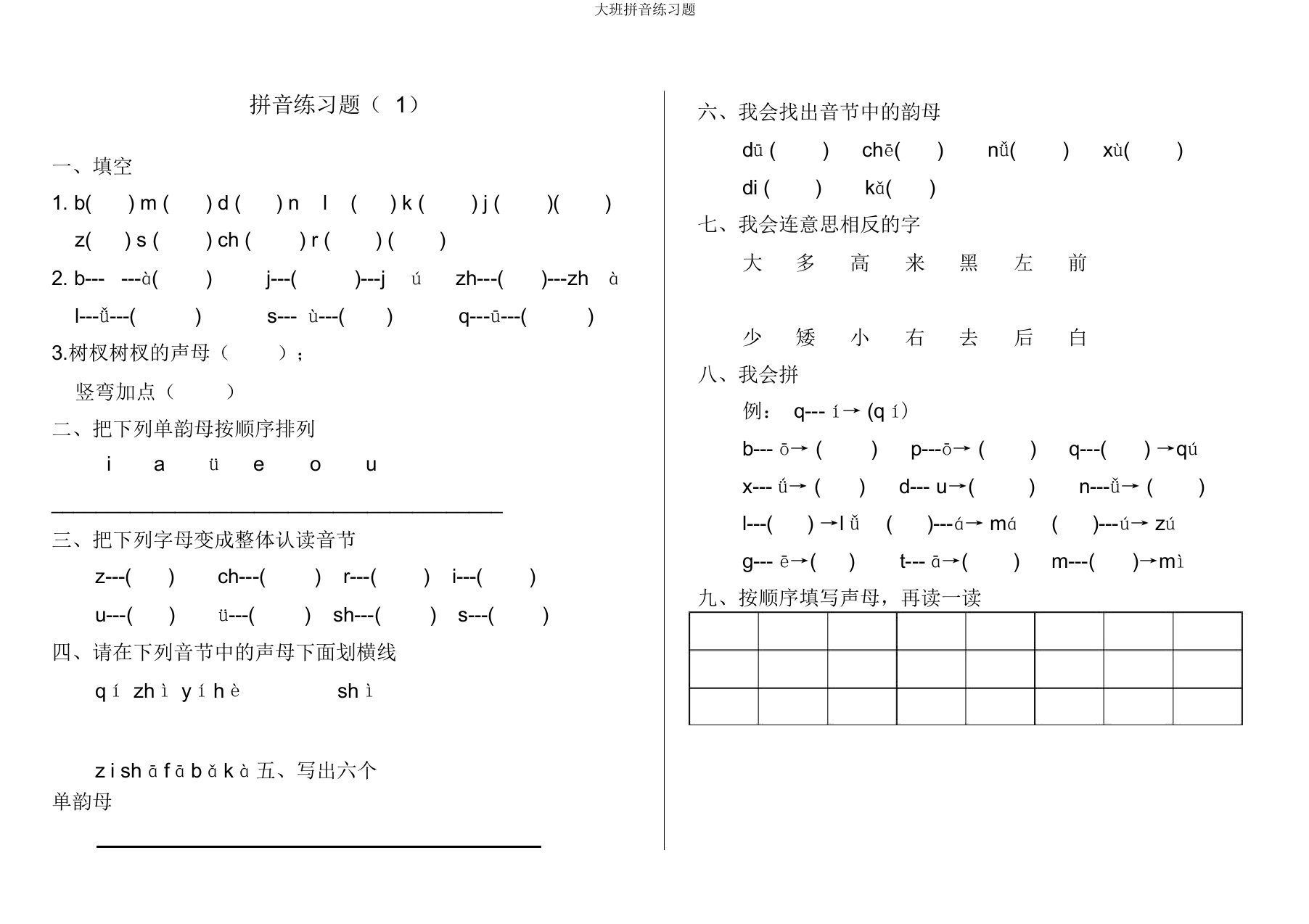 大班拼音练习题