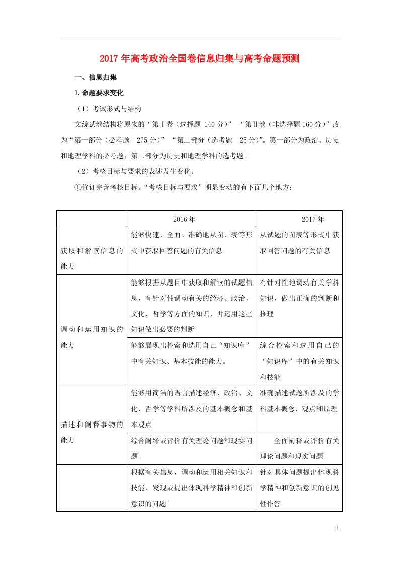 高考政治信息归集与命题预测