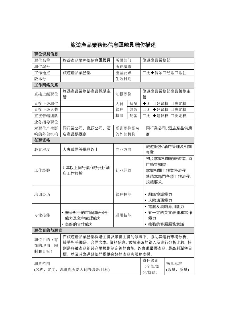 旅游产品业务部信息汇总员岗位职责