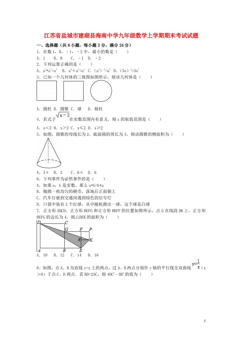 江苏省盐城市建湖县海南中学九级数学上学期期末考试试题（含解析）