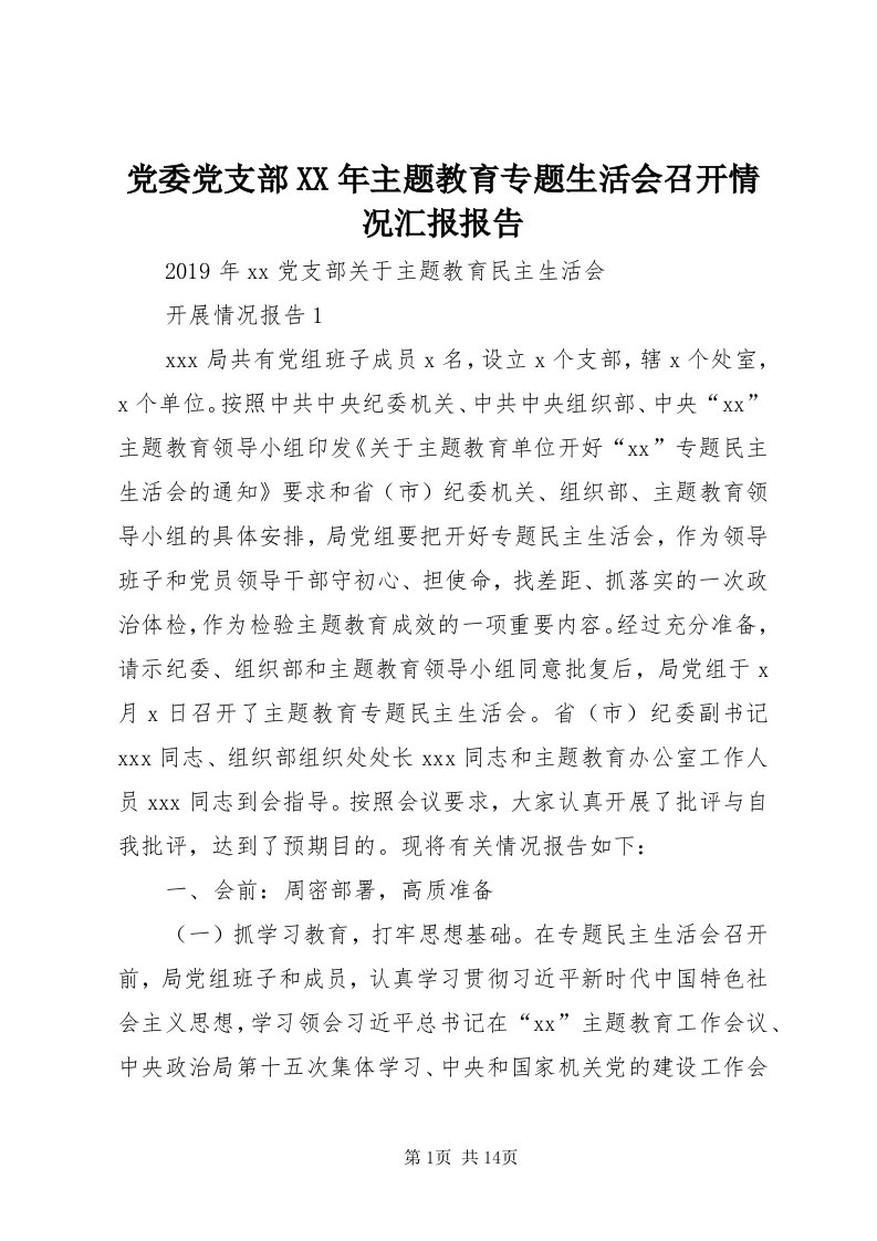 党委党支部某年主题教育专题生活会召开情况汇报报告