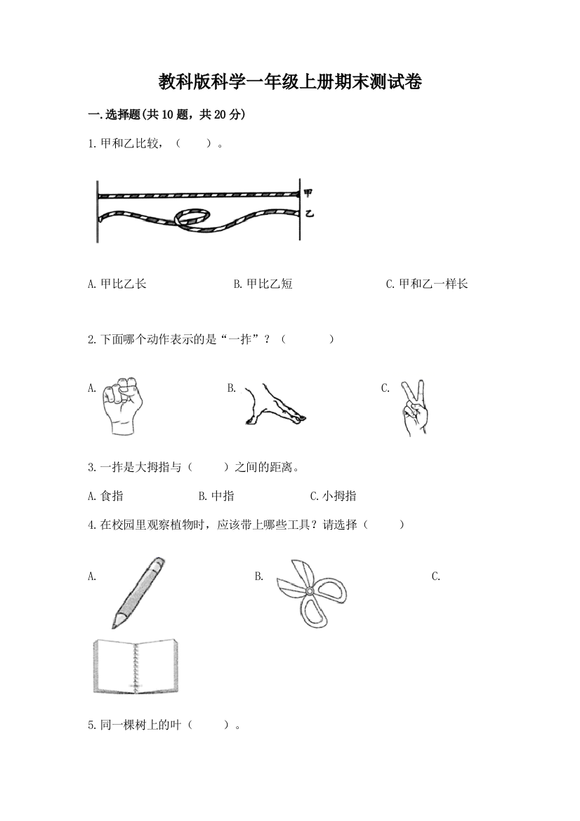 教科版科学一年级上册期末测试卷附答案（黄金题型）