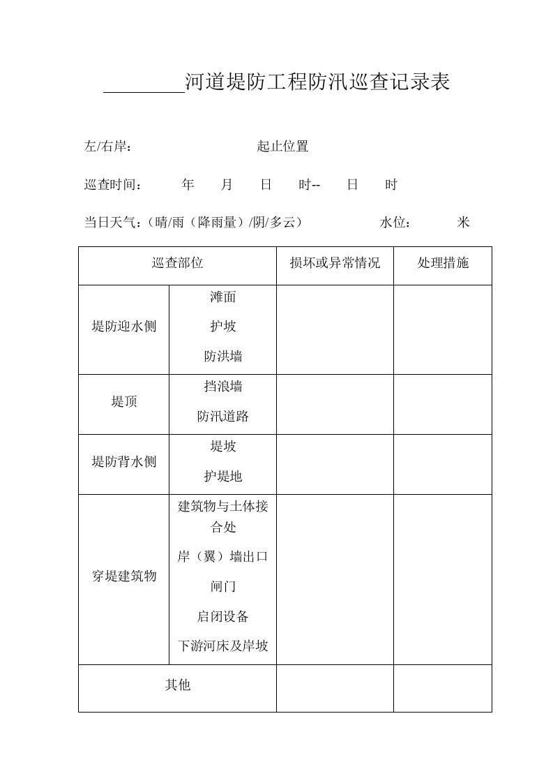 河道堤防工程防汛巡查记录表(空白)