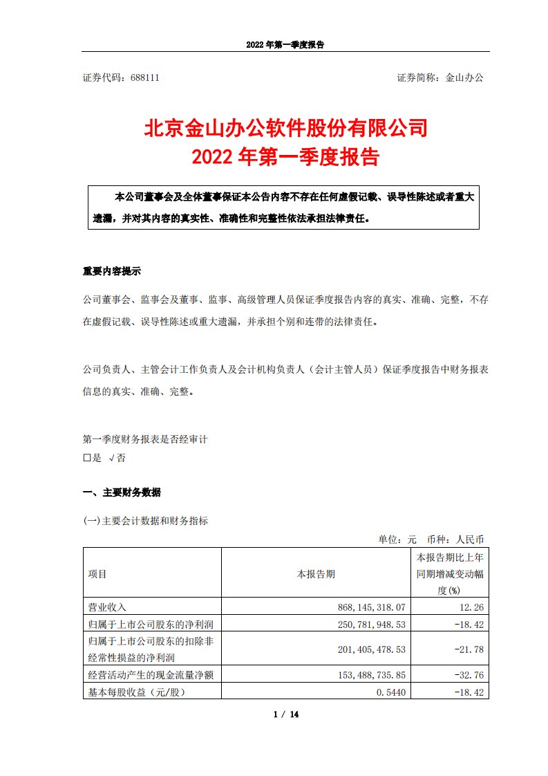 上交所-金山办公2022年一季度报告-20220428