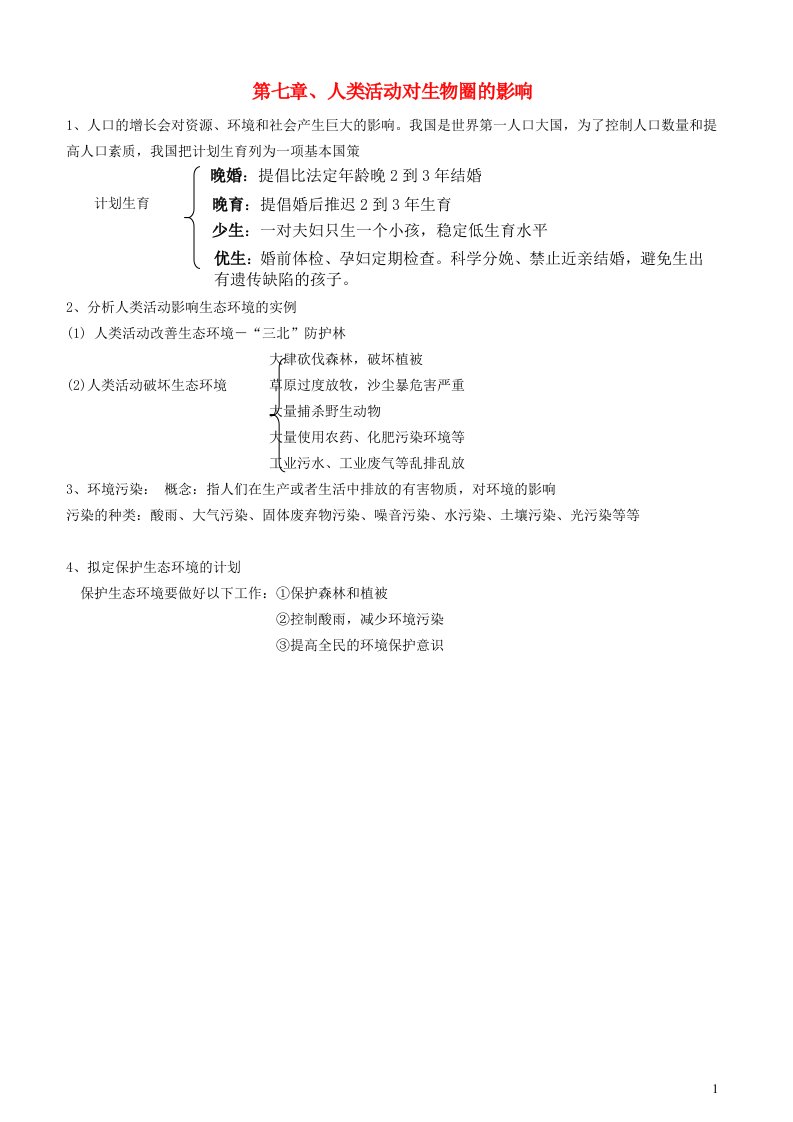 七年级生物下册第四单元生物圈中的人第七章人类活动对生物圈的影响知识总结新版新人教版