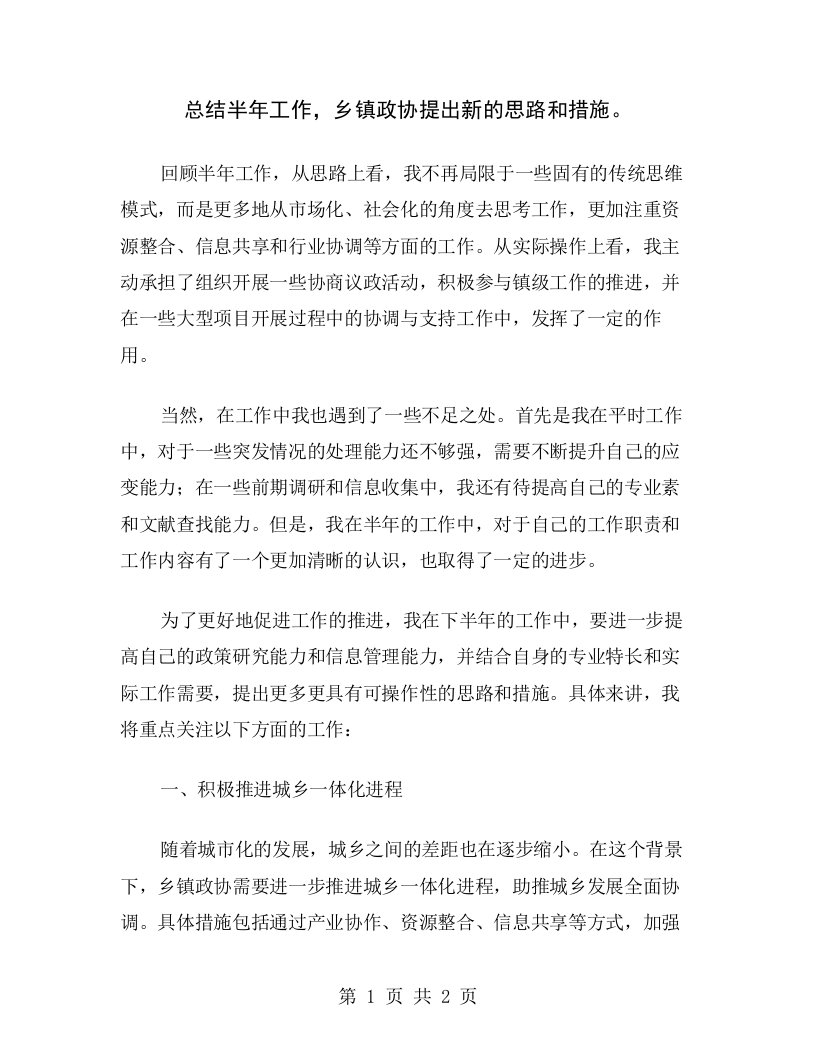 总结半年工作，乡镇政协提出新的思路和措施