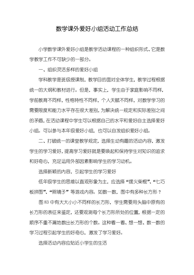 数学课外爱好小组活动工作总结