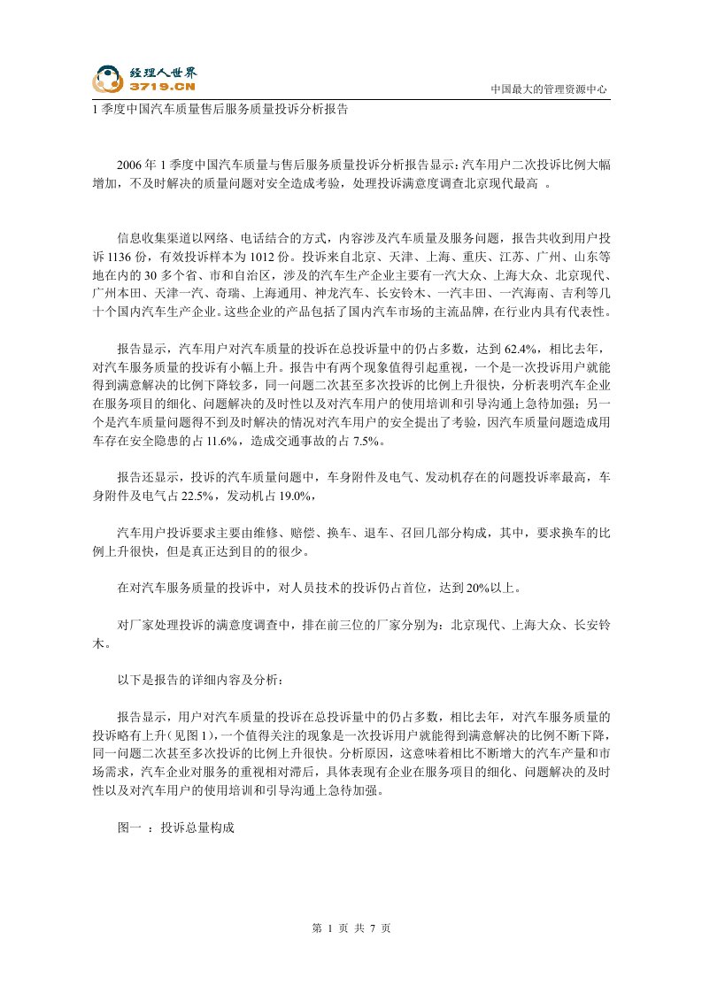 中国汽车质量售后服务质量投诉分析报告(doc)-品质管理