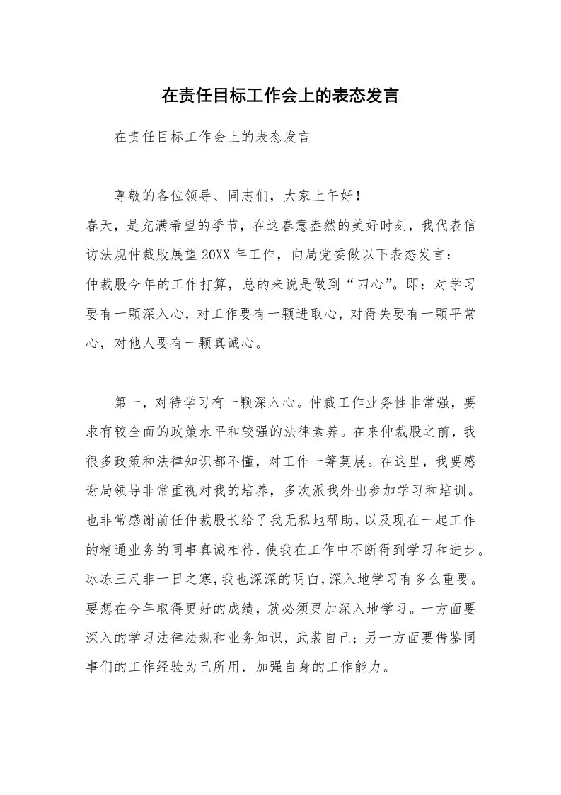 在责任目标工作会上的表态发言