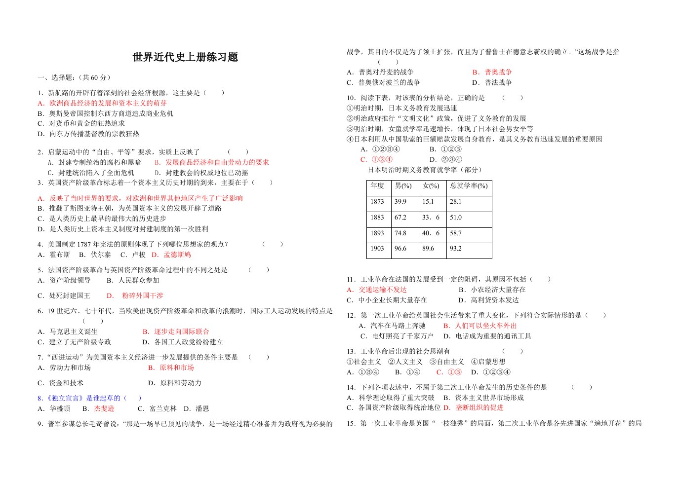 世界近代史上册练习题