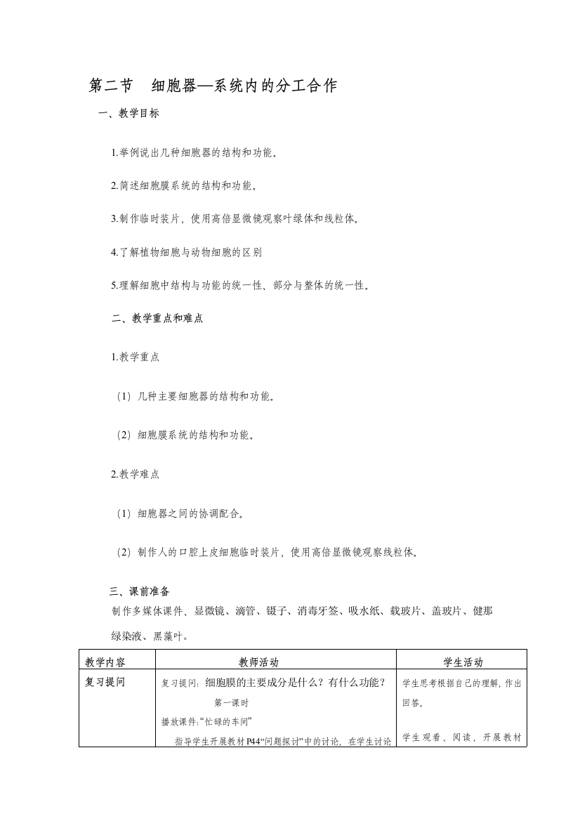 细胞器—系统内的分工合作