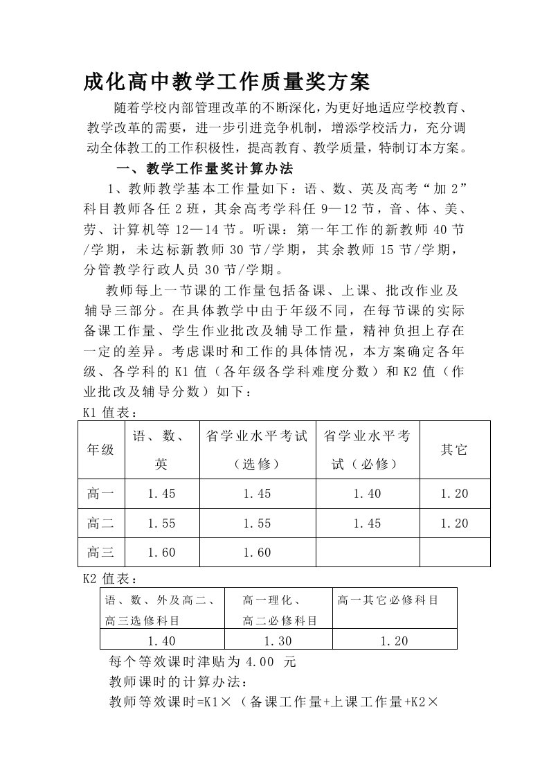 成化高中教学工作质量奖方案