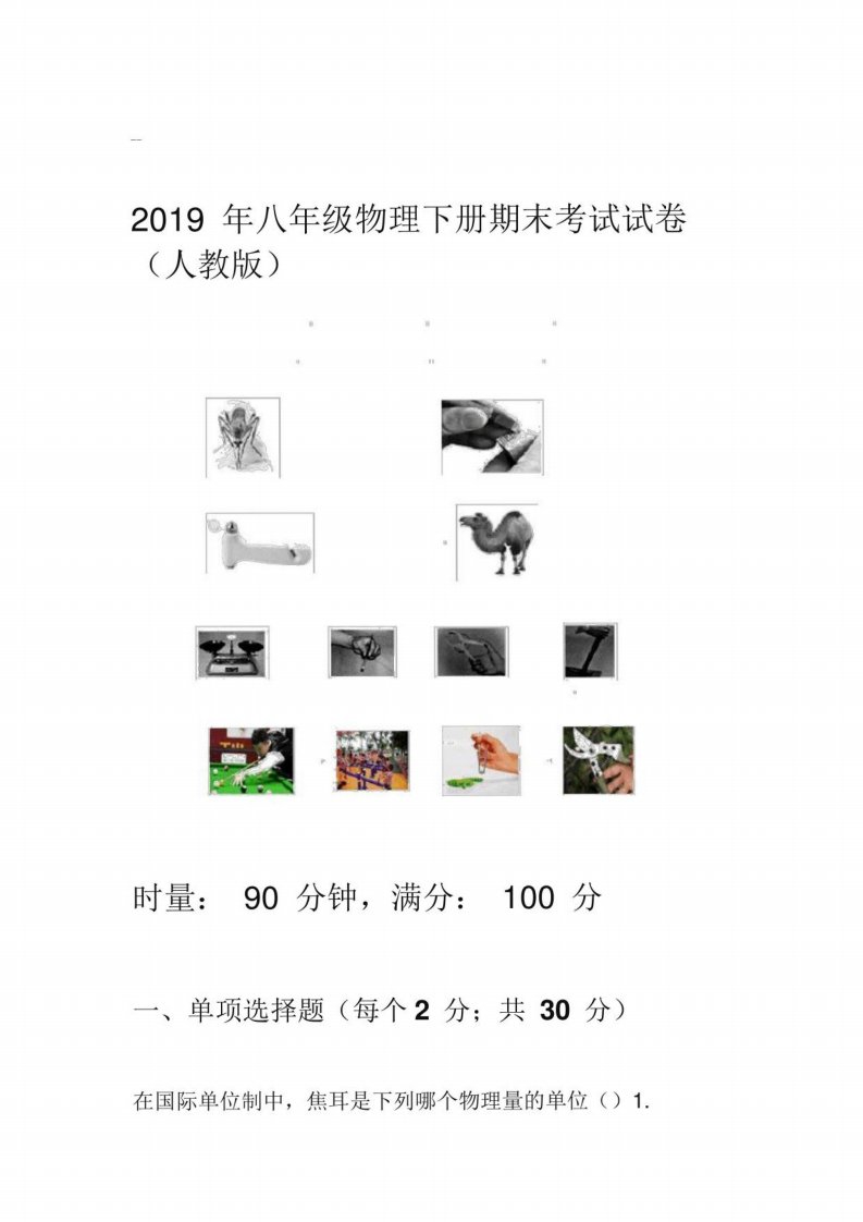 2019年八年级物理下册期末考试试卷