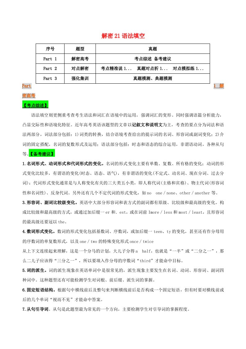 2021届高考英语二轮复习专项解密21语法填空含解析