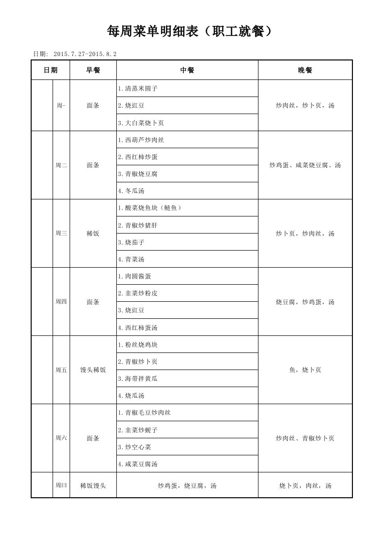 每周菜单明细表(职工就餐)