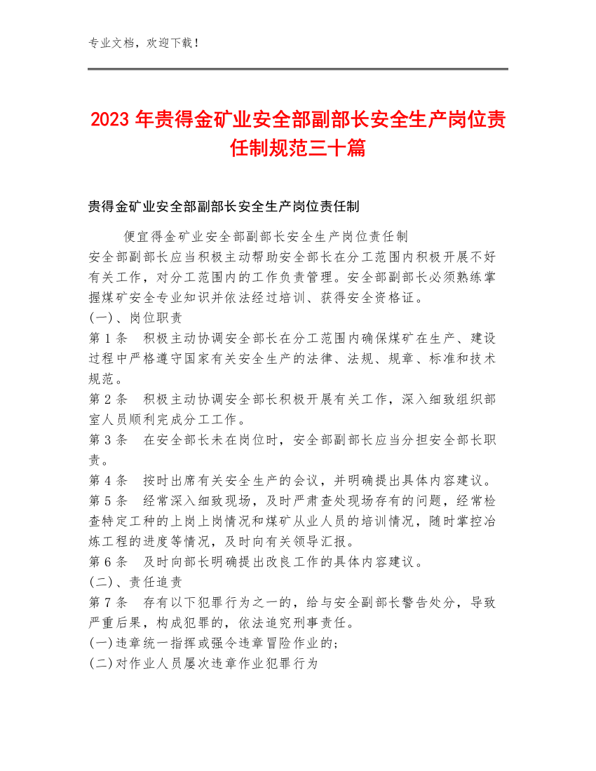 2023年贵得金矿业安全部副部长安全生产岗位责任制规范三十篇