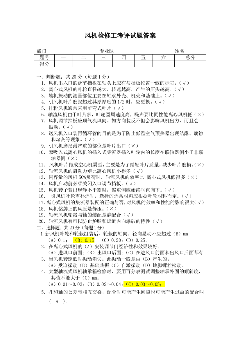 (完整版)电厂风机检修工考评试题答案