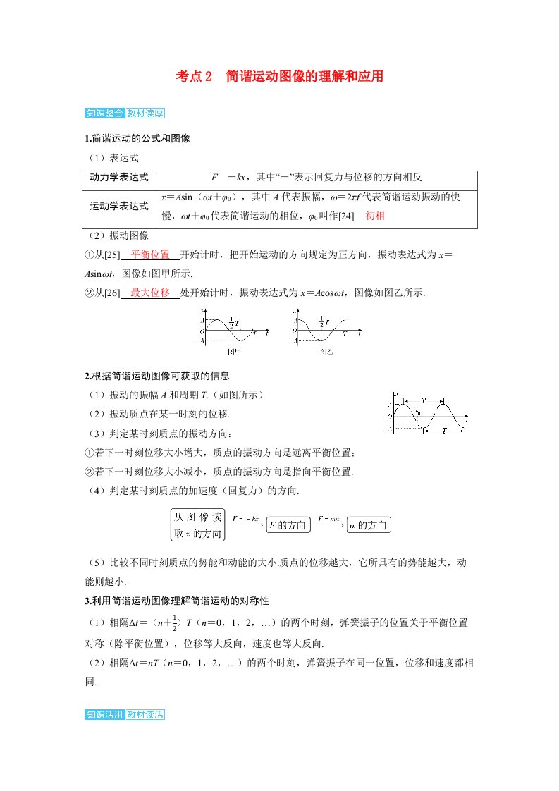 备考2024届高考物理一轮复习讲义第八章机械振动和机械波第1讲机械振动考点2简谐运动图像的理解和应用