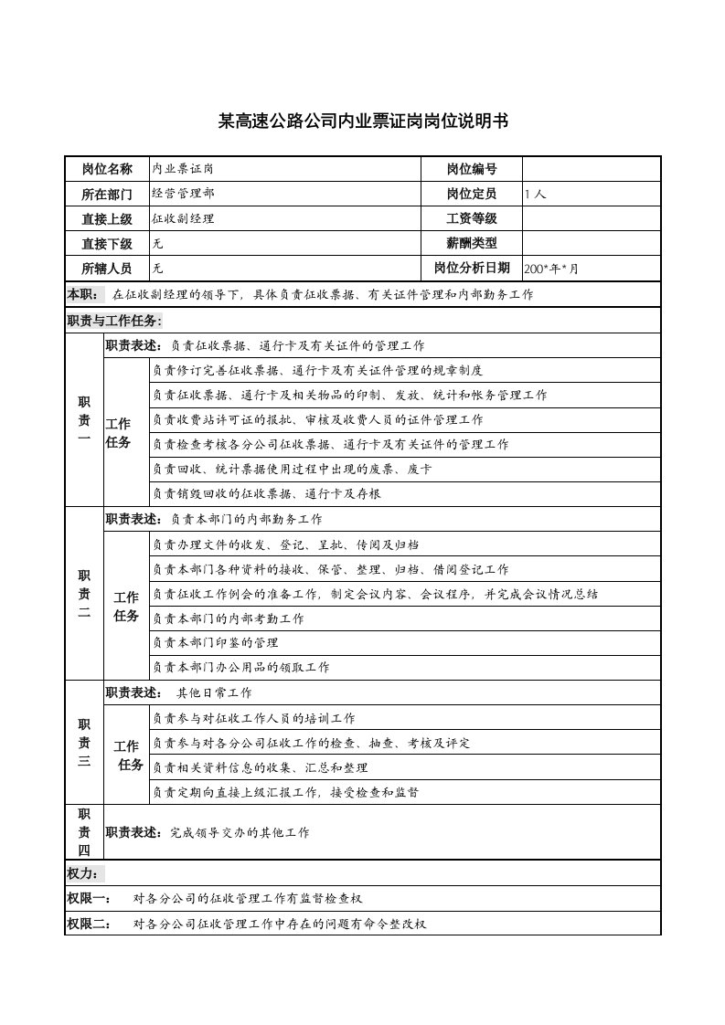 某高速公路公司内业票证岗岗位说明书