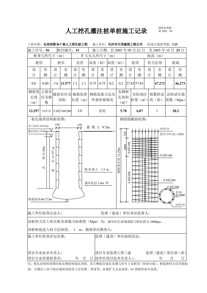 人工挖孔桩单桩施工记录