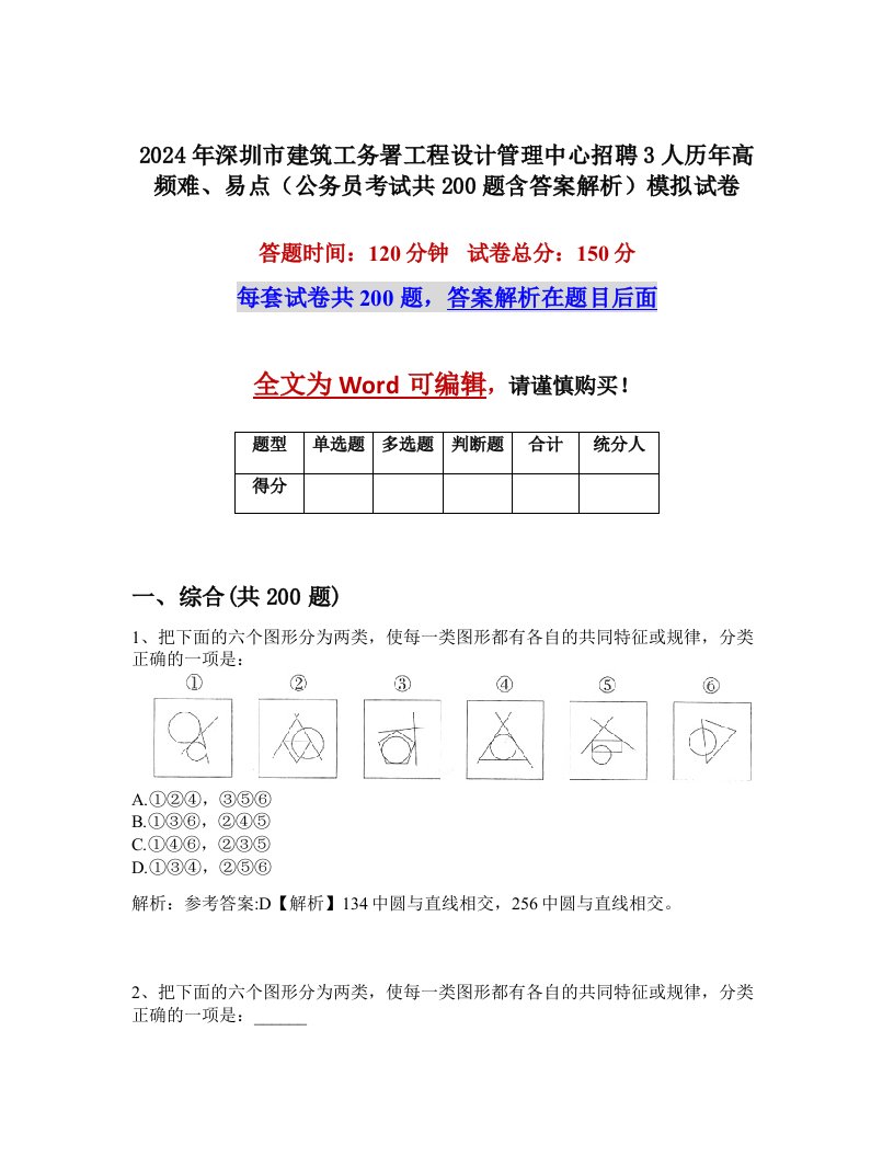 2024年深圳市建筑工务署工程设计管理中心招聘3人历年高频难、易点（公务员考试共200题含答案解析）模拟试卷