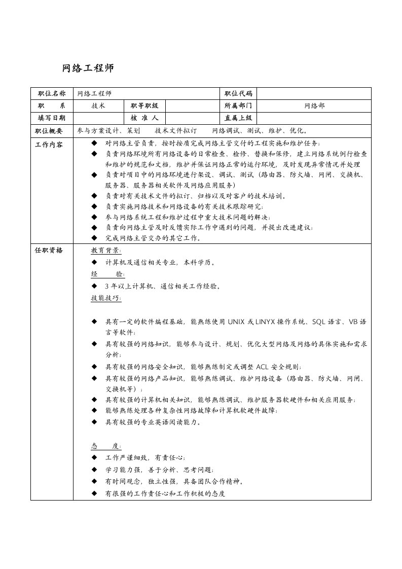 岗位职责-某it企业网络工程师岗位职责