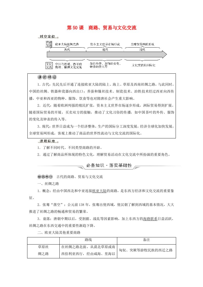 2022版新教材高考历史一轮复习选择性必修第16单元文化交流与传播第50课商路贸易与文化交流学案新人教版