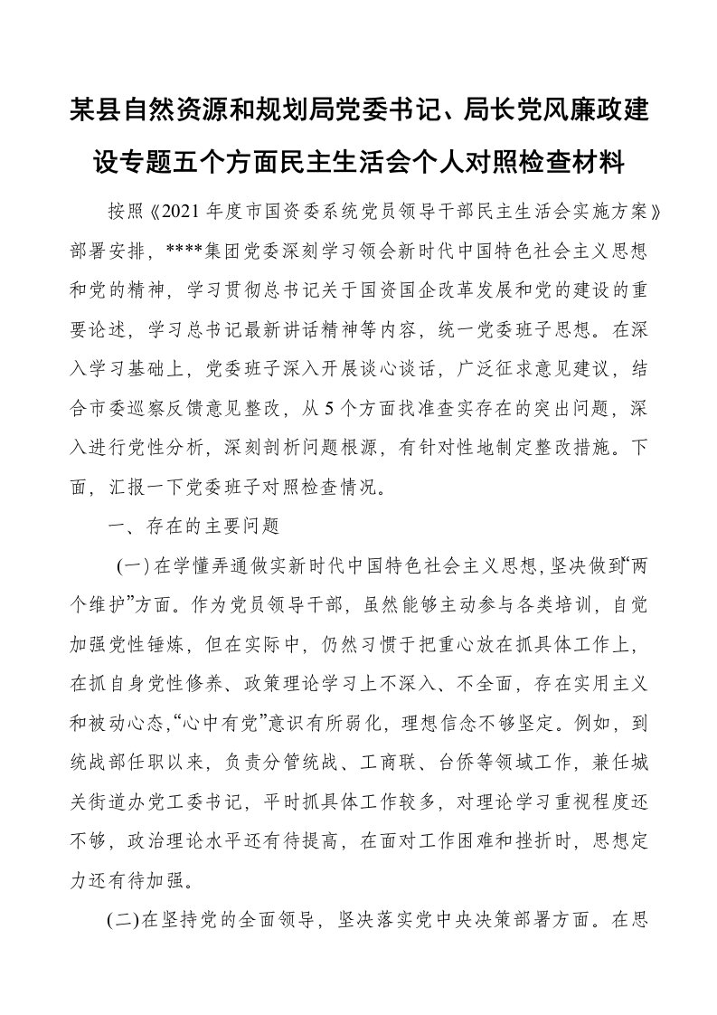 某县自然资源和规划局党委书记、局长党风廉政建设专题民主生活会个人对照检查材料范文