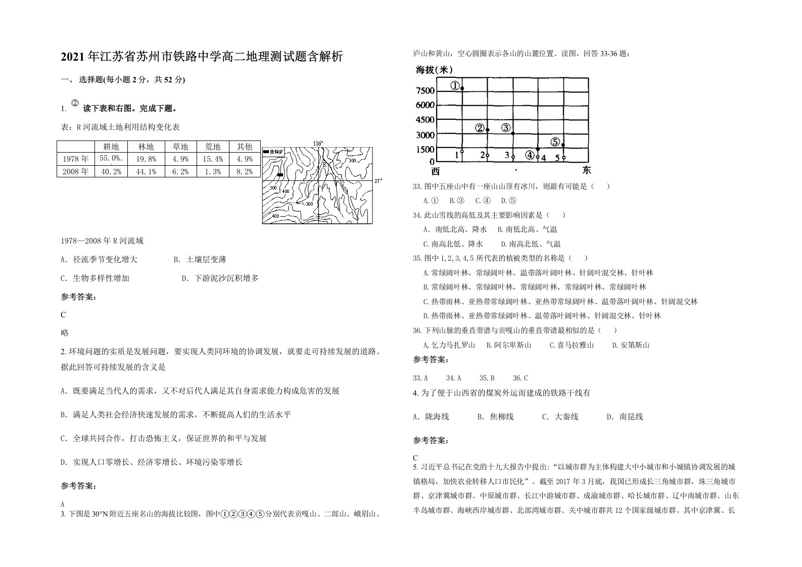 2021年江苏省苏州市铁路中学高二地理测试题含解析