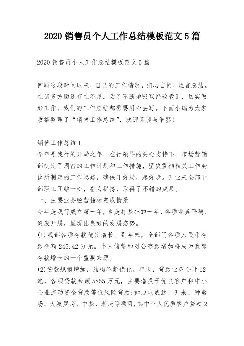 2020销售员个人工作总结模板范文5篇