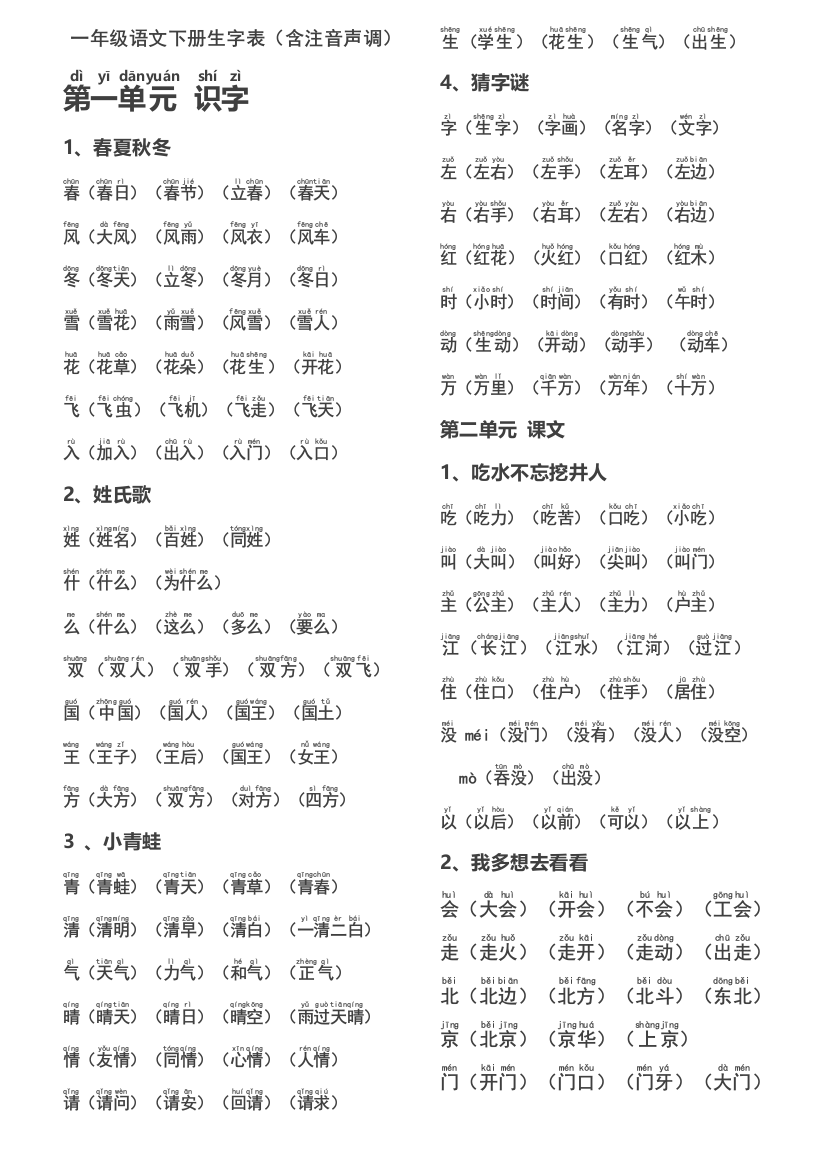 一年级下册生字表含注音声调全