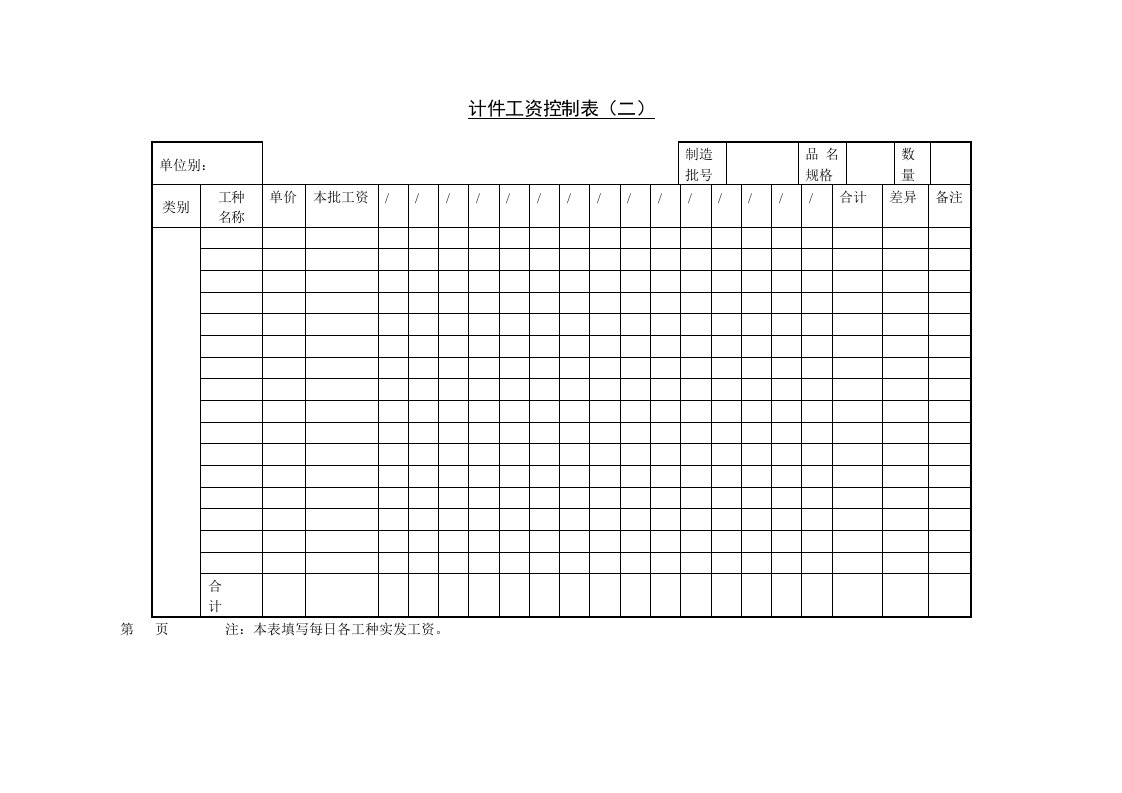 表格模板-计件工资控制表二