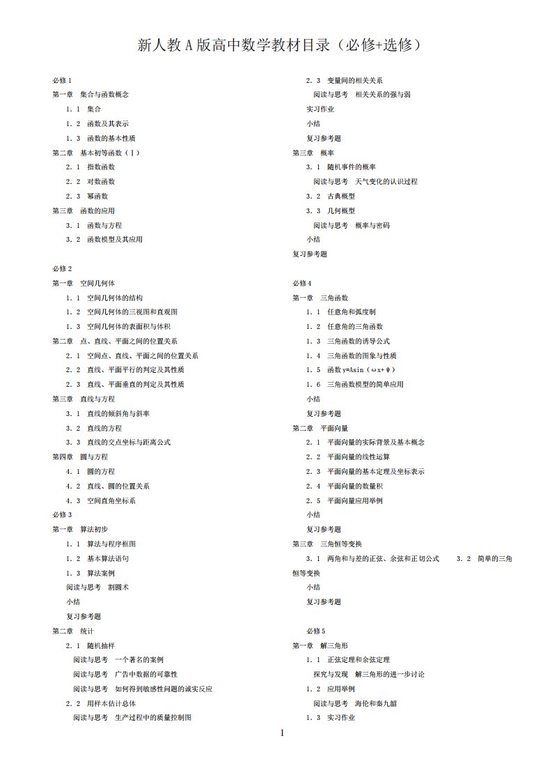 新人教A版高中数学教材目录(必修+选修)