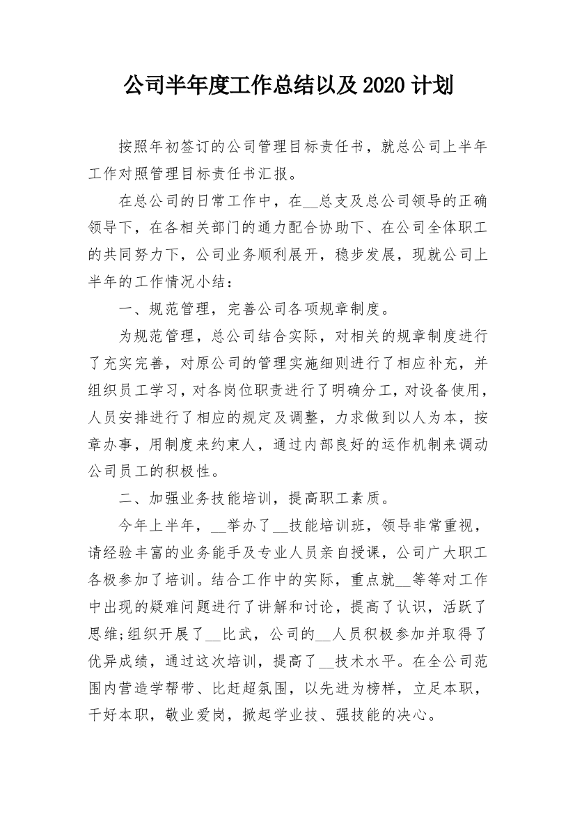 公司半年度工作总结以及2020计划