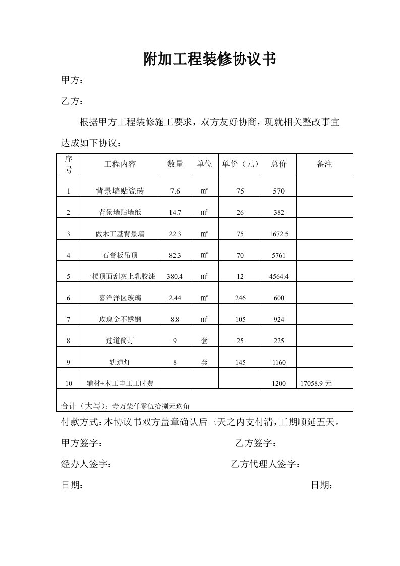 附加工程装修协议书