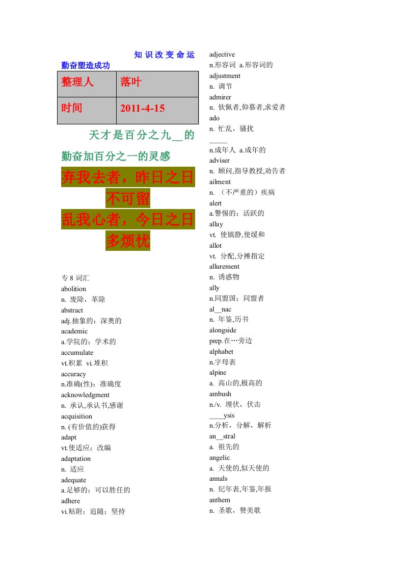 【经典】资料大全英语学习_专8词汇_必备