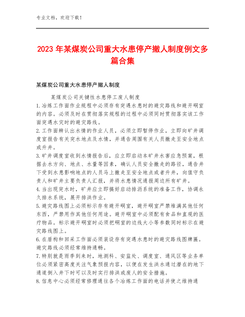 2023年某煤炭公司重大水患停产撤人制度例文多篇合集