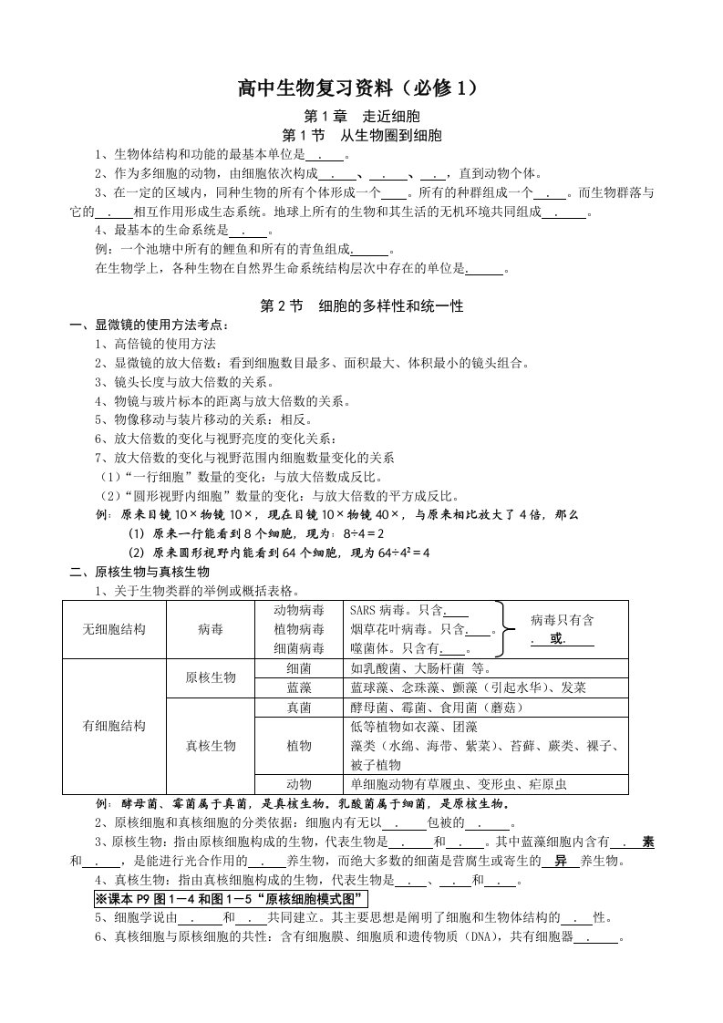 高中生物必修1复习资料大全填空