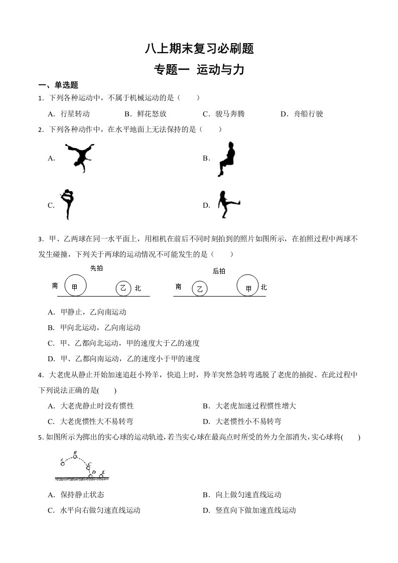 初中科学八年级上册华师大版期末复习必刷题