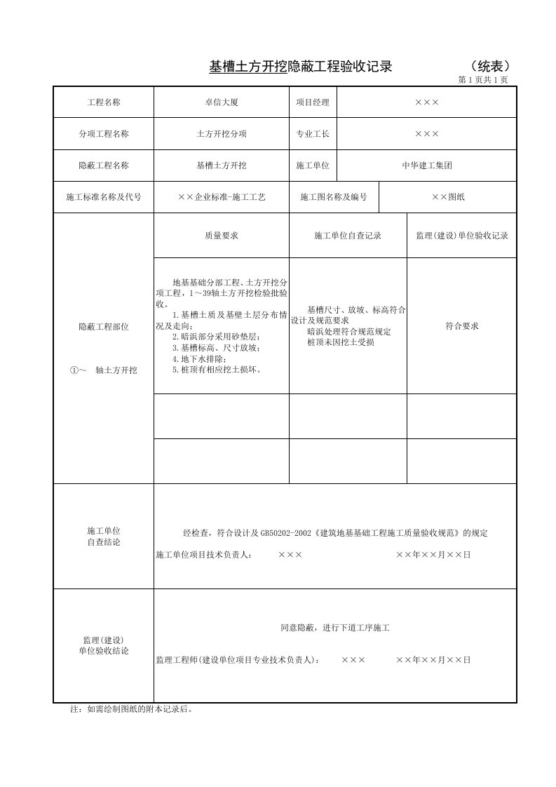 基槽土方开挖隐蔽工程记录