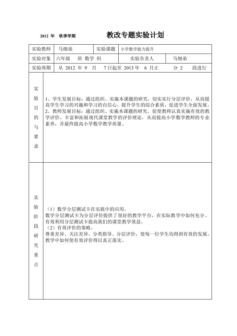 教改专题实验计划表格